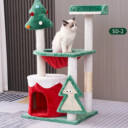 Christmas-themed cat climbing shelf with hammock and scratching post