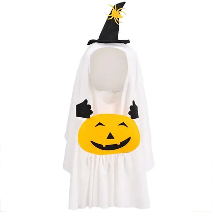 Halloween ghost costume for cats and dogs with pumpkin pocket and funny hat, perfect for spooky celebrations.
