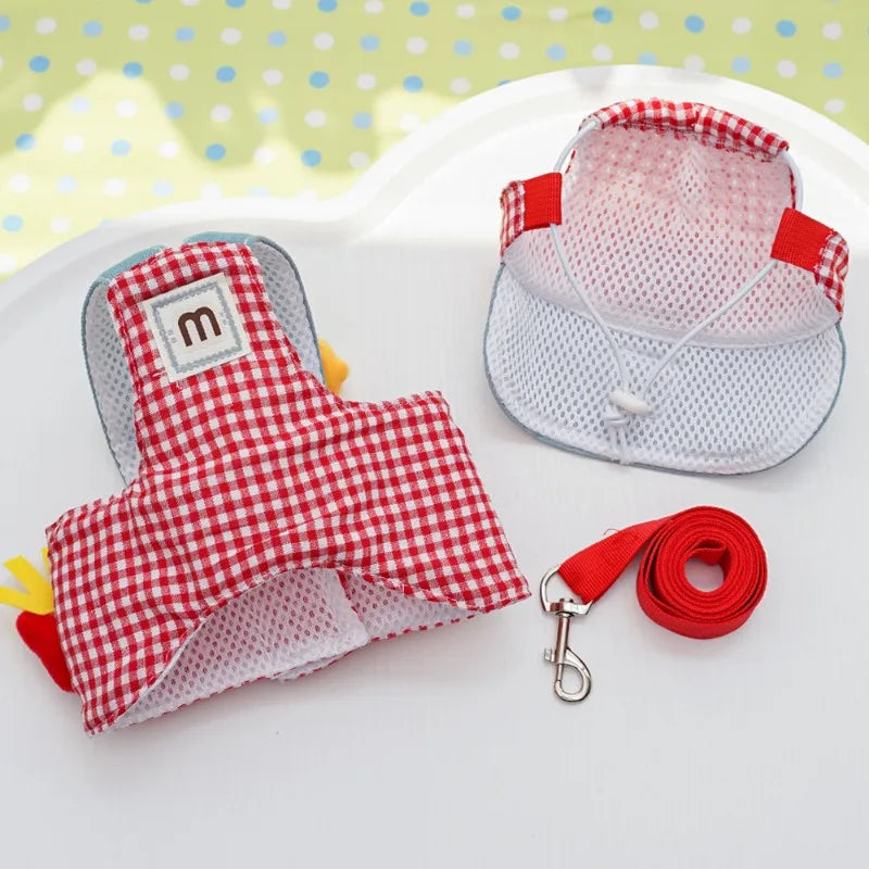 Fries-themed puppy harness set with matching hat and leash, ideal for small dogs on walks and outings.