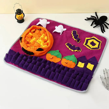 Halloween pumpkin-shaped snuffle mat for dogs and cats to encourage foraging and slow feeding