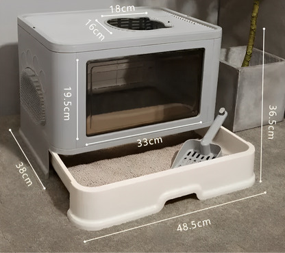 Square full closed cat litter box with large enclosed design, anti-splash walls, and pull-out drawer for easy cleaning and odor control.