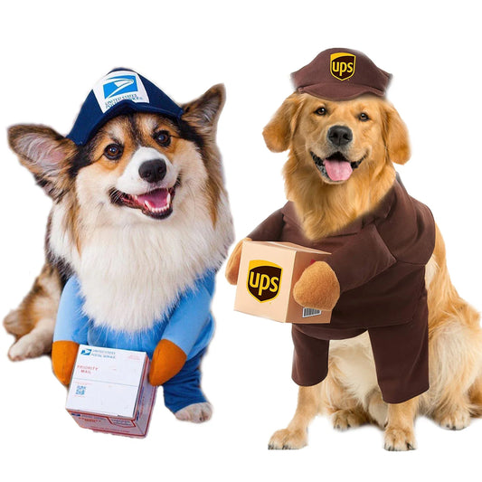 Dog dressed in a UPS courier costume with branded uniform for Halloween or party fun