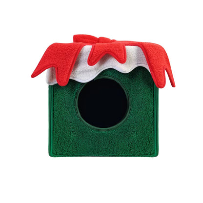 Christmas-themed cat bed shaped like a cozy holiday house for cats and small dogs