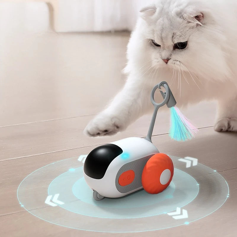 Interactive remote-controlled toy car for cats with feather teaser and USB charging.Training