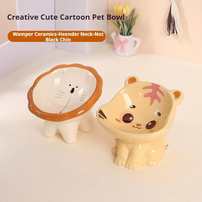 Cute ceramic cartoon pet bowl elevated for cats and small dogs.