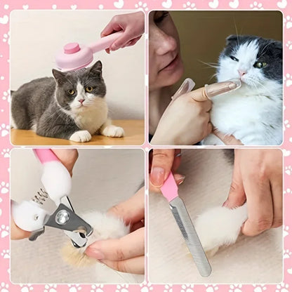 8-piece cat grooming kit with nail clippers, self-cleaning brushes, and flea comb for cats and small dogs.