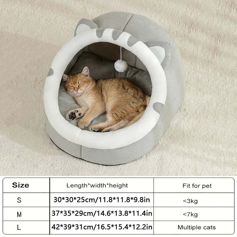 Super cat bed with cave design and plush cushion, providing warmth and comfort for cats during winter.