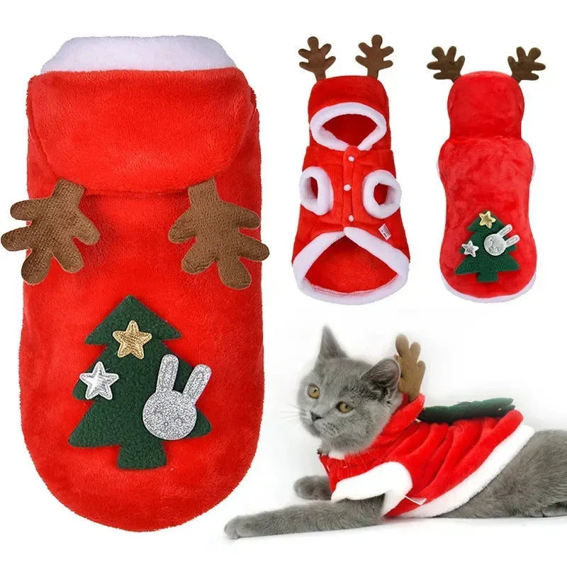 Christmas-themed flannel hoodie for cats and dogs, featuring festive Santa and elk designs for winter warmth and style.