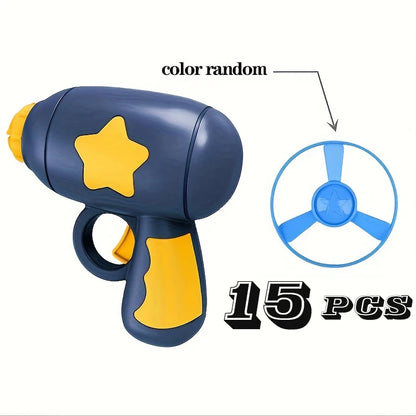 Cat jumping to catch a flying disc launched by interactive cat toy