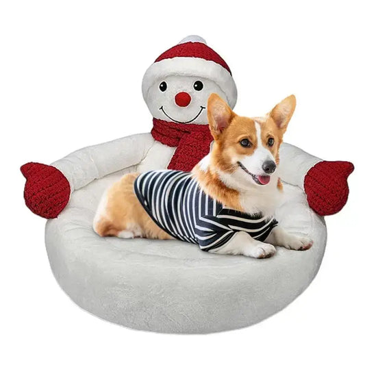 3D Christmas cat bed with snowman design, cozy flannel bed for cats and small dogs, holiday pet bed with hat & scarf, non-slip base