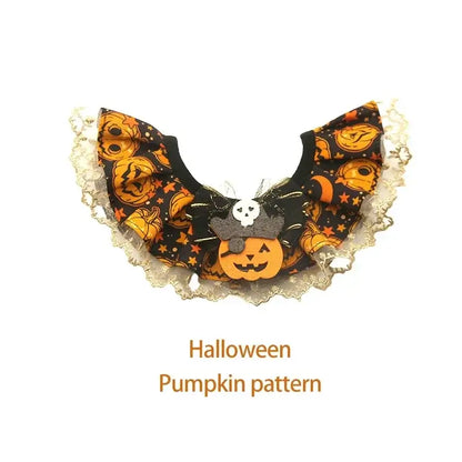 Soft cotton Halloween pet scarf with pumpkin pattern and adjustable collar for cats and dogs.