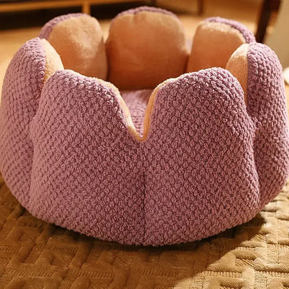Small cat sleeping in a soft round plush pet bed with striped design