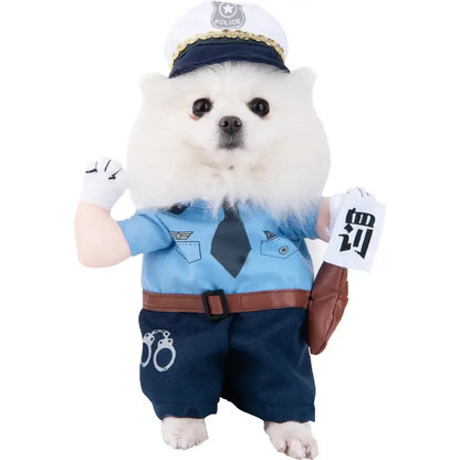 Dog wearing a Halloween costume with foam dagger and stuffed body design.