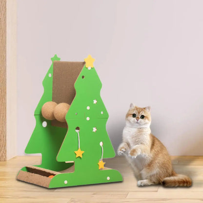 Holiday-themed sisal scratching tree for cats with Christmas design and cardboard toys.