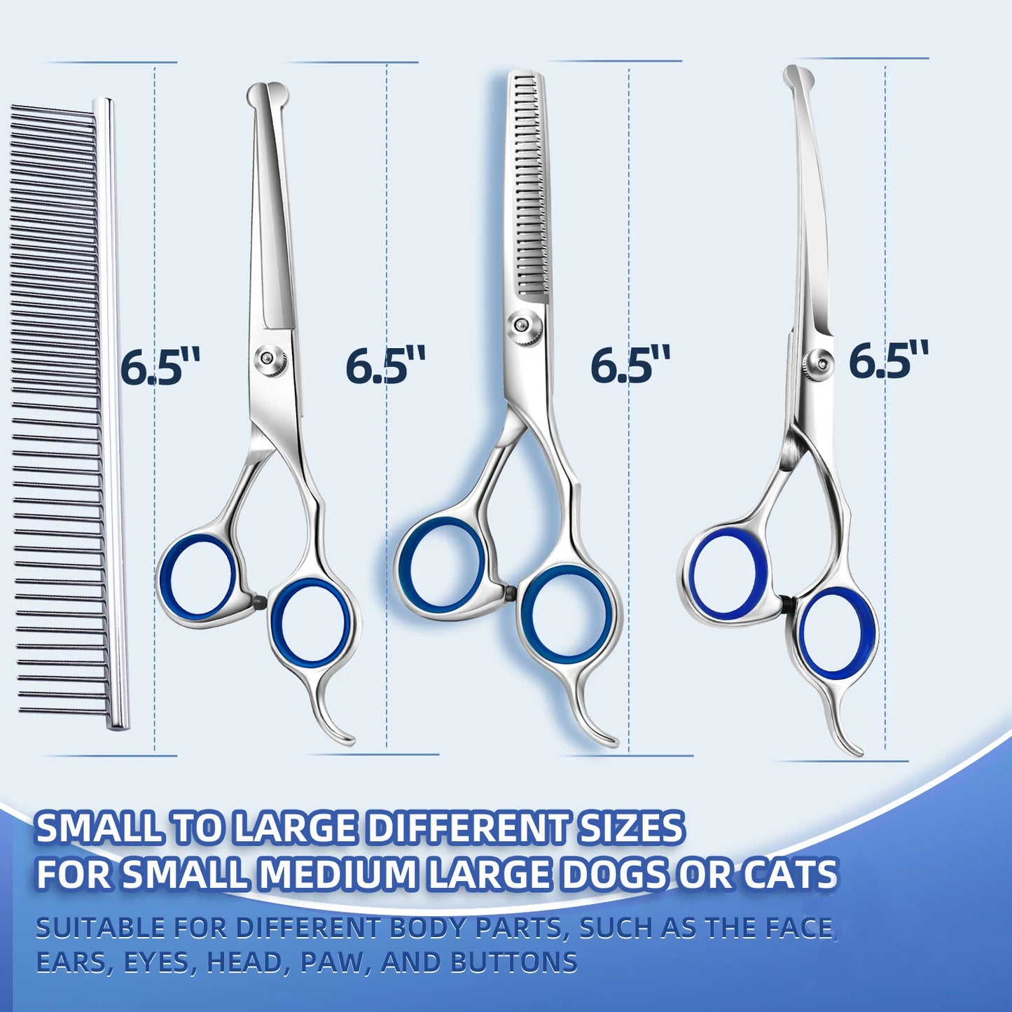 Professional pet grooming scissors set with stainless steel clippers and safety scissors for cats and dogs.