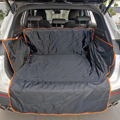 Dog sitting on waterproof SUV cargo liner with side flaps