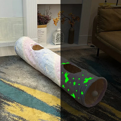 Glow-in-the-dark moon star cat tunnel and plush ball toy set for playful pets