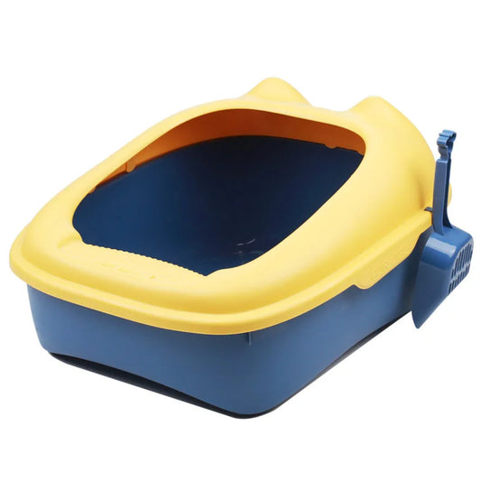 Semi-enclosed anti-splash cat litter box with high border, available in various colors for different cat sizes