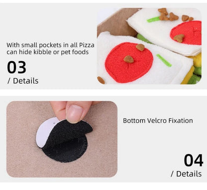 Dog snuffle toy shaped like pizza box for nose work and slow feeding