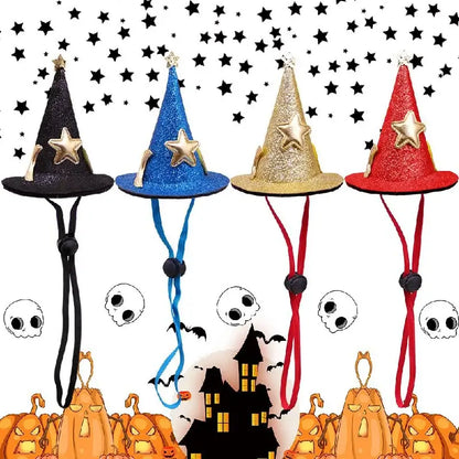 Halloween witch and wizard hat costume for cats and small dogs with adjustable strap for a magical look.
