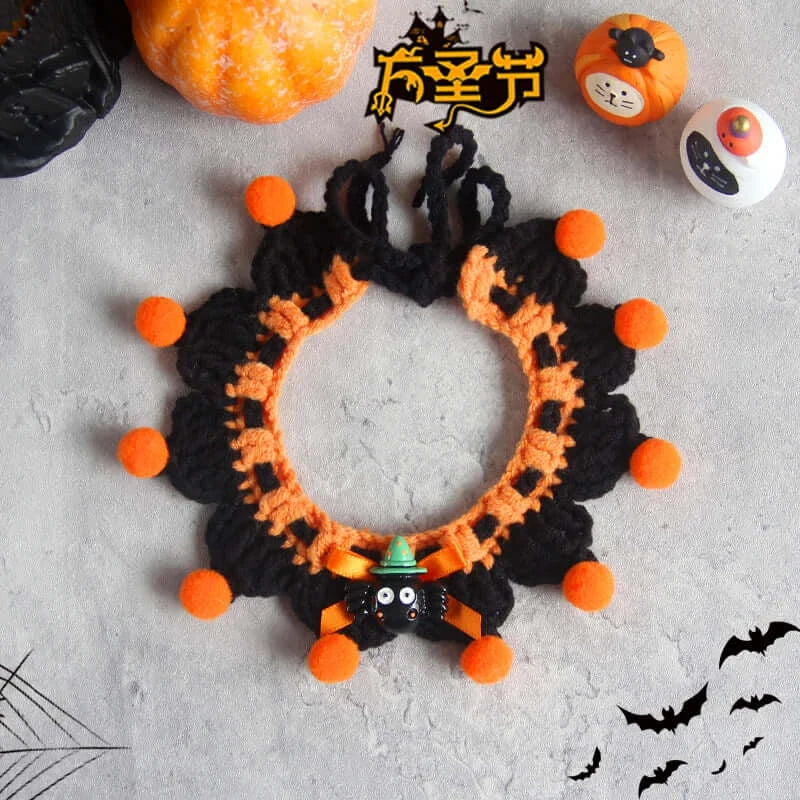 Hand-knit Halloween pet collar bib featuring ghost designs, perfect for dressing up cats and dogs during the spooky season.