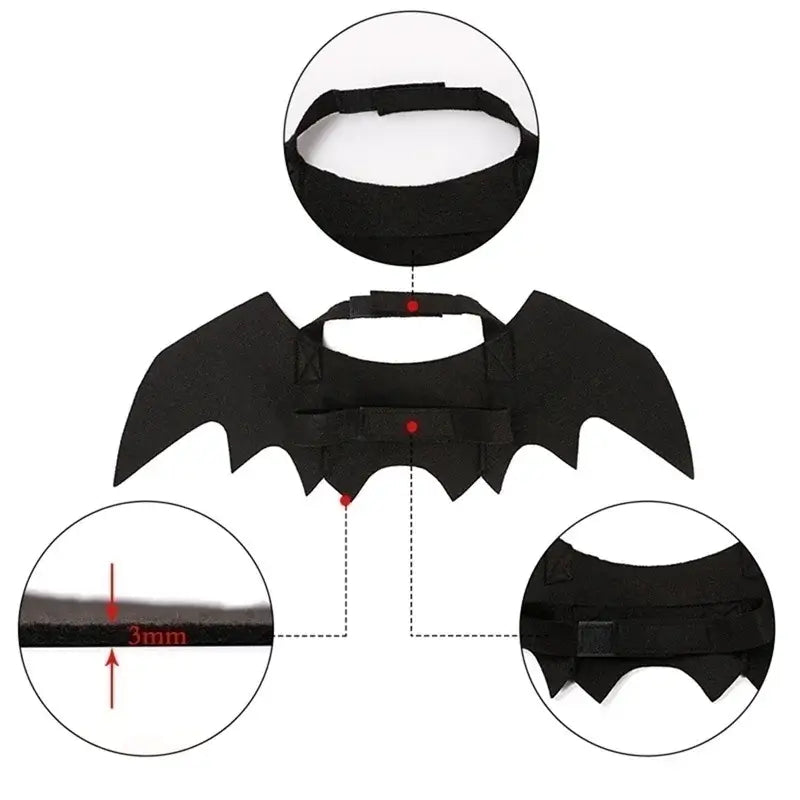 Cute black bat wings harness costume for pets, perfect for Halloween and cosplay, suitable for both cats and dogs.