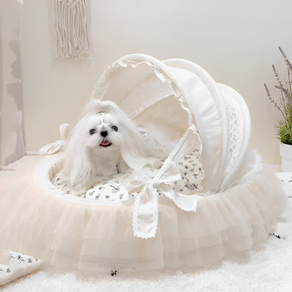 Luxury Princess Dog Bed with Lace Canopy for Small Dogs – Soft Washable Indoor Pet Cradle