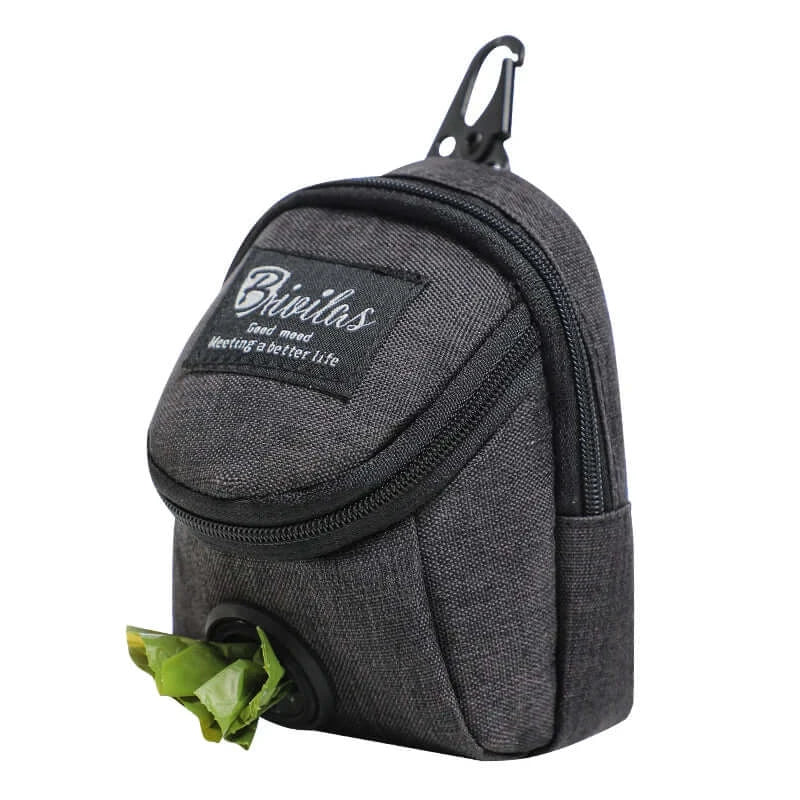 Portable pet dog treat pouch and poop dispenser for training and outdoor travel.