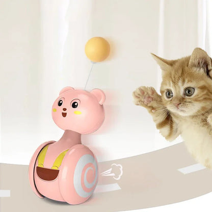 Interactive cat tumbler swing toy with feather wand and rotating ball