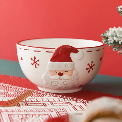 Christmas-themed ceramic pet bowl with Santa Claus, elk, and tree designs, perfect for food or water