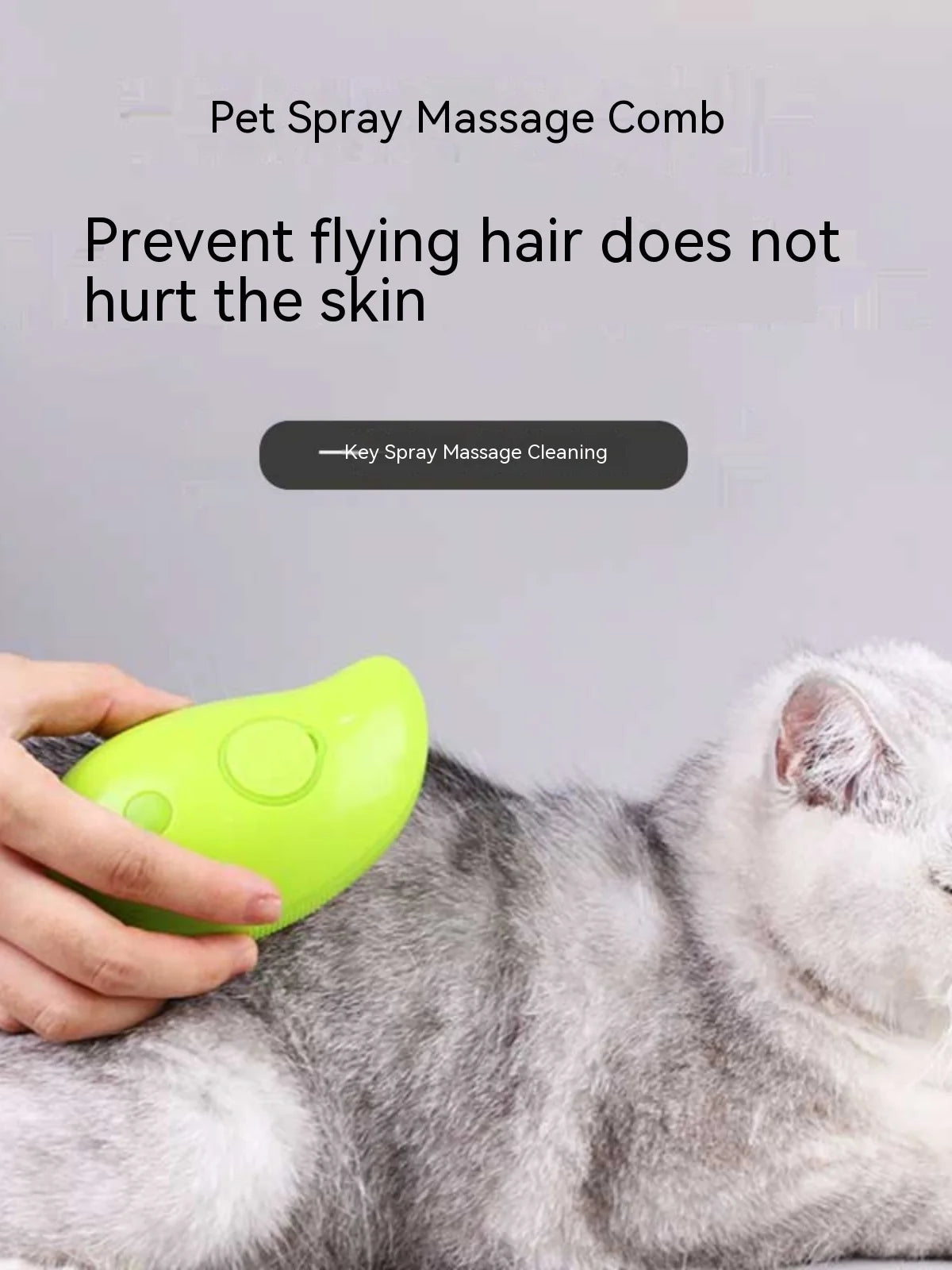 Electric spray massage comb for cats, USB rechargeable, anti-flying hair grooming tool, ideal for cat grooming and fur management.