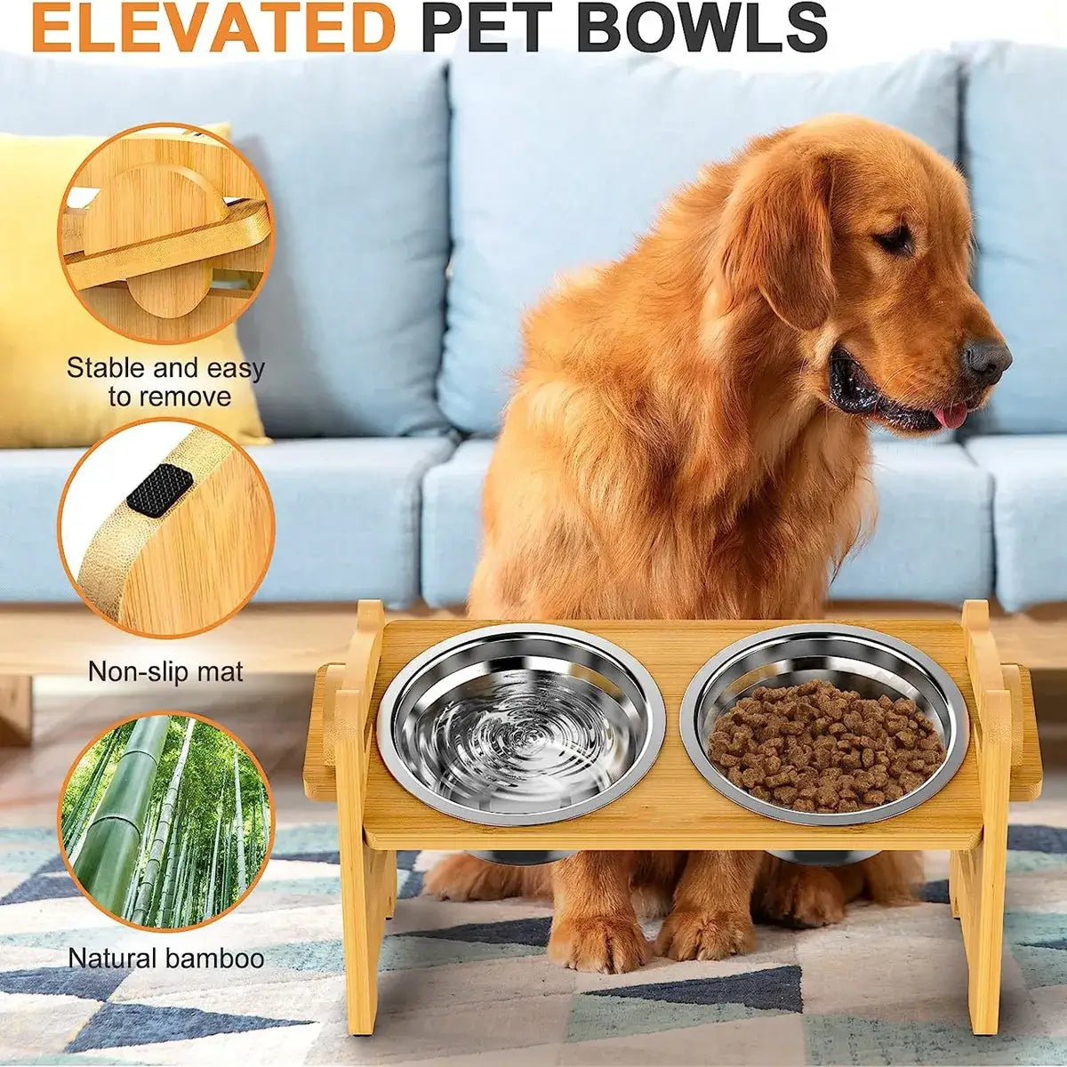 Elevated Pet Bowl for Small Dogs and Cats - Adjustable Tilted Bamboo Feeder with Stainless Steel Bowls.