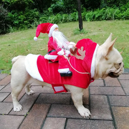 Dog wearing Christmas costume with plush Santa sitting on its back like a rider