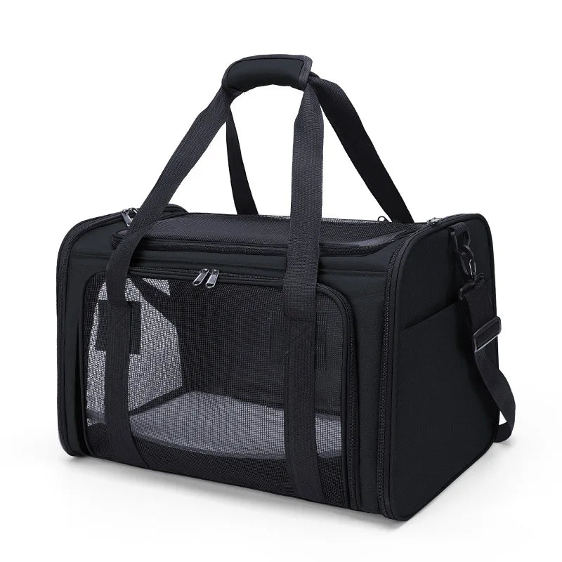 Airline-approved portable cat bag tote with breathable mesh panels, adjustable straps, and foldable design for easy travel and storage.