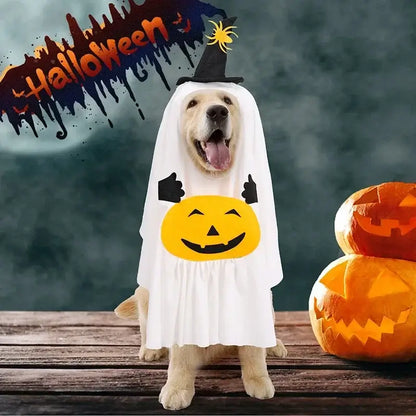 Halloween ghost costume for cats and dogs with pumpkin pocket and funny hat, perfect for spooky celebrations.