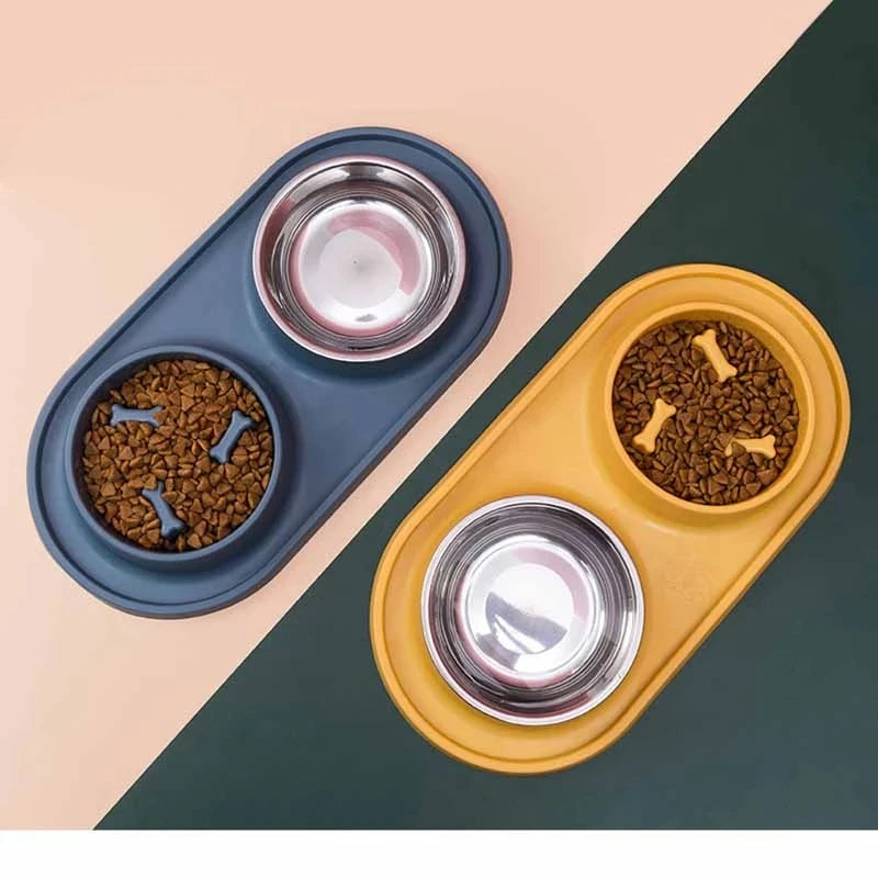 Dual dog and cat feeding bowl with anti-choking design, stainless steel bowls, and non-slip silicone mat for convenient feeding