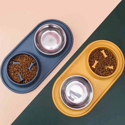 Dog double bowl feeder with non-slip silicone mat for cats and dogs