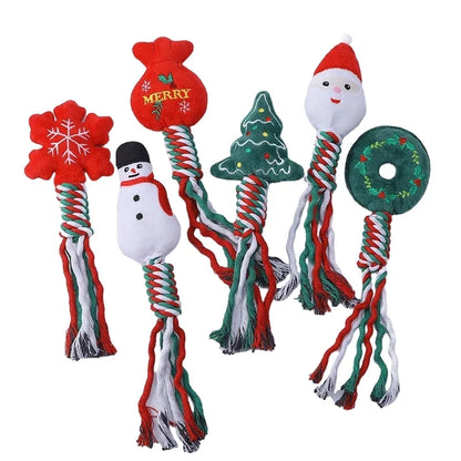 Christmas-themed squeaky dog toy with cotton rope knot for small dogs and puppies