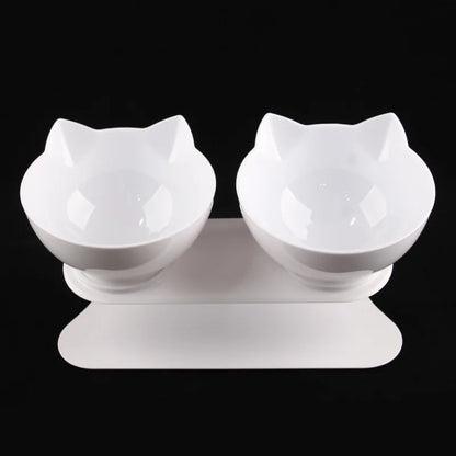 Elevated non-slip cat bowl set with angled dual bowls for food and water