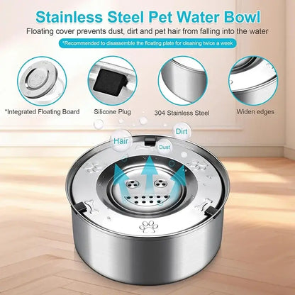 Large stainless steel dog water bowl with non-slip base and anti-splash design, suitable for multi-dog homes and outdoor use.