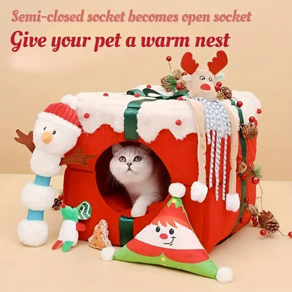 Corduroy pet bed for cats and small dogs with festive holiday design