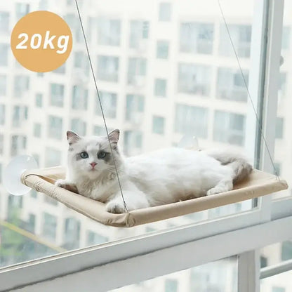Window-mounted cat hammock bed with Oxford cloth and suction cups, holds up to 20KG, ideal for sunbathing cats.
