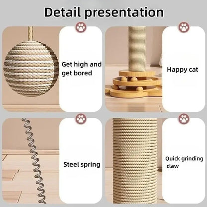 Wooden interactive cat turntable toy with rotating ball track and built-in sisal scratching board.