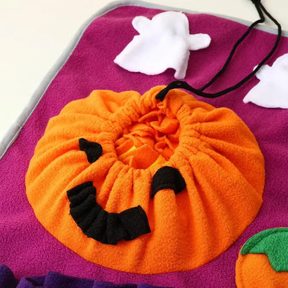 Halloween pumpkin-shaped snuffle mat for dogs and cats to encourage foraging and slow feeding