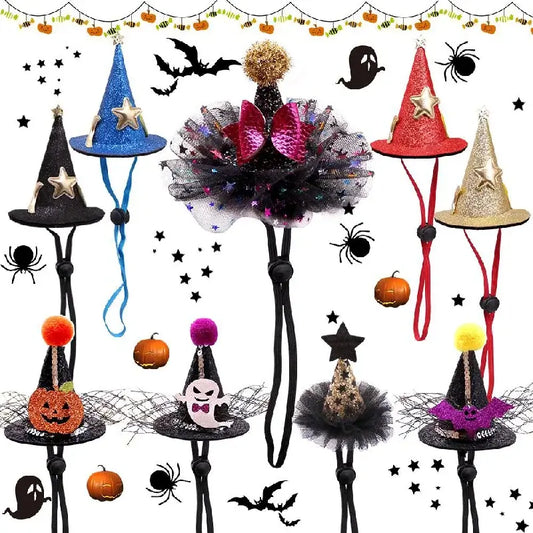 Dog cosplay hat for Halloween featuring witch and wizard designs, perfect for small dogs and kitties during festive celebrations