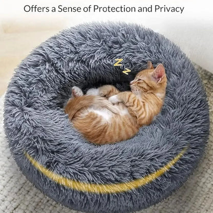Ultra-soft round plush pet bed for cats and dogs, winter-ready with long plush fabric and non-slip base, available in sizes from 40cm to 90cm.
