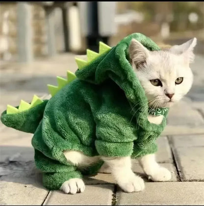 Small dog or cat wearing a Funny Dinosaur Cosplay Costume, showcasing a cozy fleece hoodie perfect for Halloween.