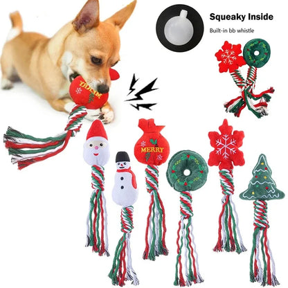 Christmas-themed squeaky dog toy with cotton rope knot for small dogs and puppies