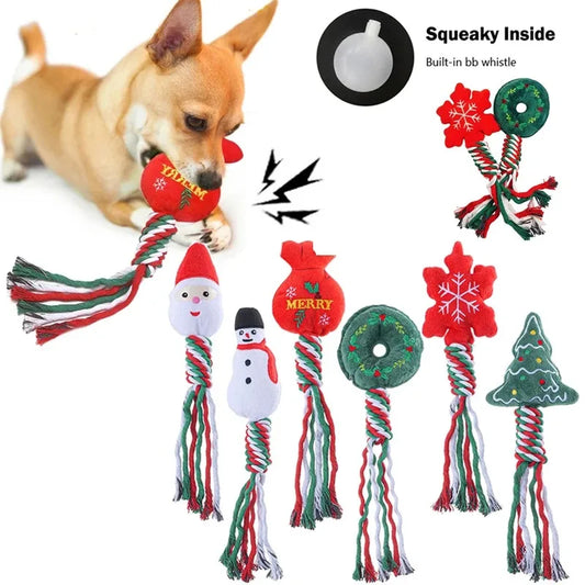 Christmas-themed squeaky dog toy with cotton rope knot for small dogs and puppies