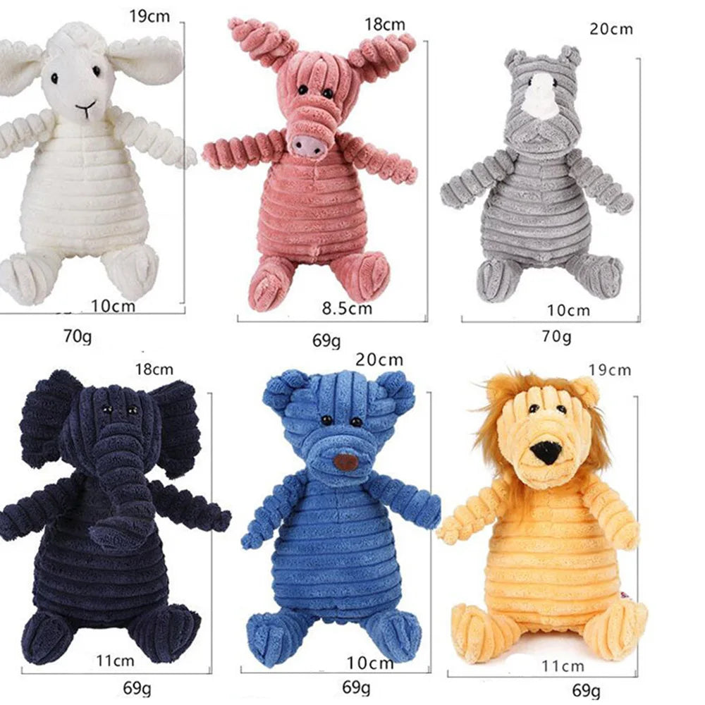 Plush dog toy in various animal shapes with squeaker, made from durable corduroy fabric, perfect for small and large dogs.